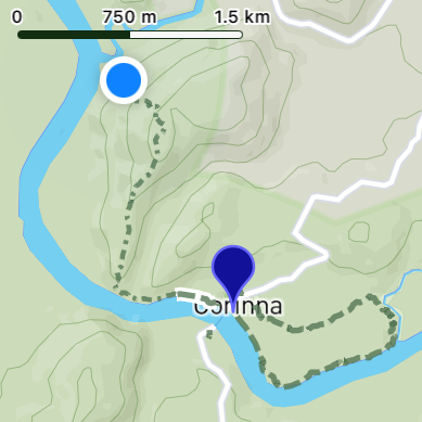 Map of Corinna showing location pin on walking track