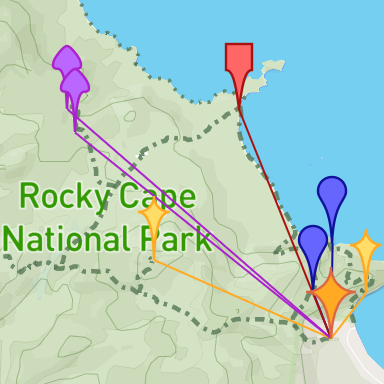 Map of Rocky Cape National Park showing marker pins in different shapes and colours